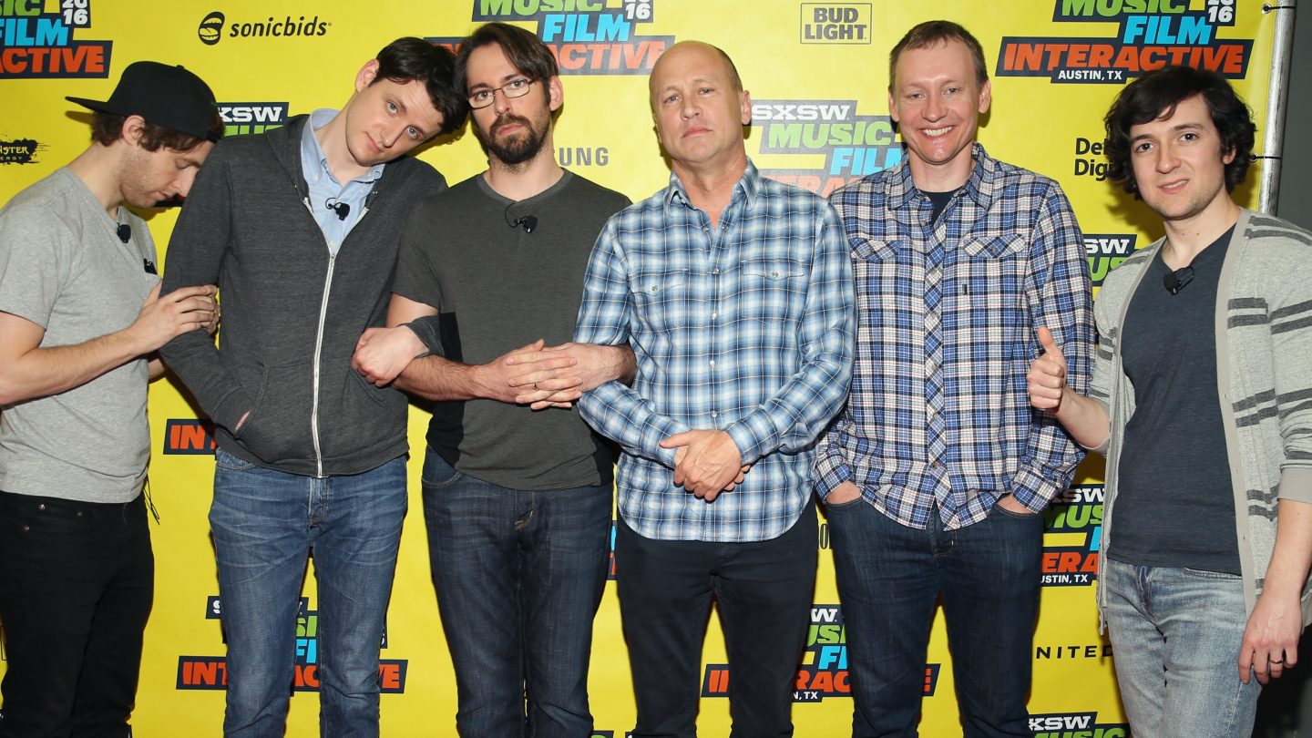 (L-R) Actors Thomas Middleditch, Zach Woods, Martin Starr, writer/director/producer Mike Judge, executive producer Alec Berg and actor Josh Brener attend 'SILICON VALLEY: Making the World a Better Place' during the 2016 SXSW Music, Film + Interactive Festival at Austin Convention Center on March 12, 2016 in Austin, Texas. (Photo by Steve Rogers Photography/Getty Images for SXSW)